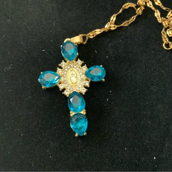 Jewelry - Beautiful Blue Rhinestone Cross and Our Lady Pendant Necklace